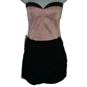 Bebe Dress‎ Baby Black Pink Lydia Satin Ruched Strapless Dress Bustier Top M